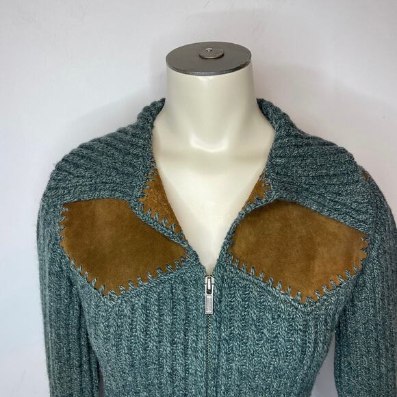 Banana Republic 100% Wool Sweater Jacket XS Leather Panel Full Zip Cuffed Knit - Picture 3 of 8